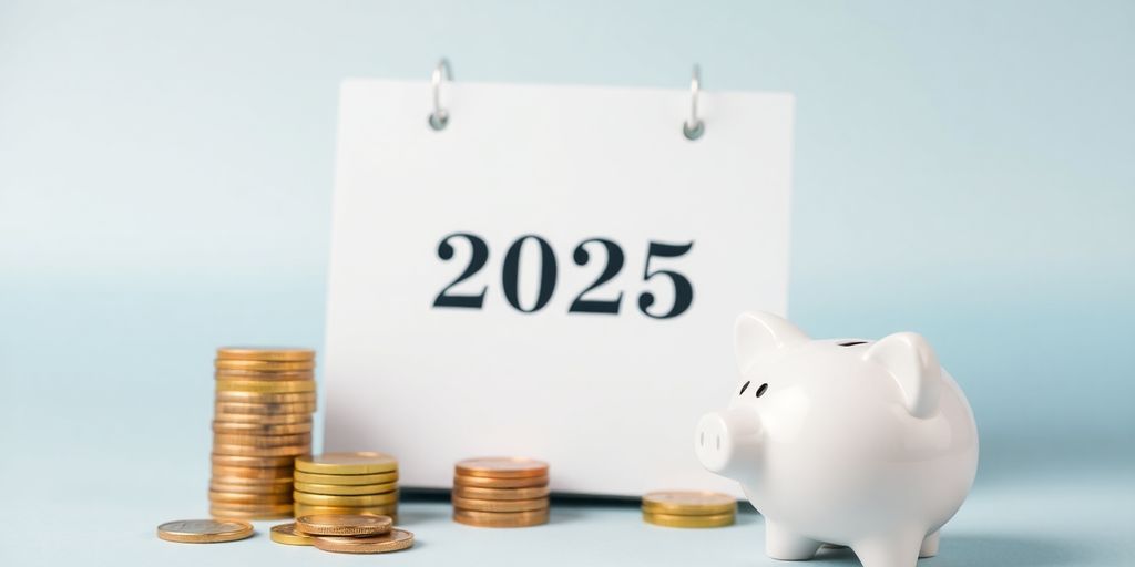 Calendar for 2025 with coins and a piggy bank.