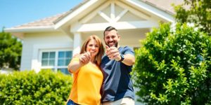 Happy couple outside home with key, celebrating mortgage payoff.