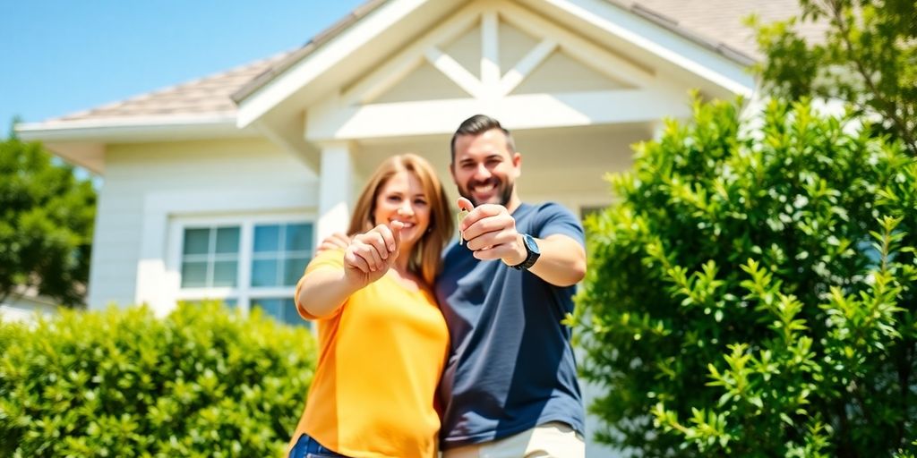 Happy couple outside home with key, celebrating mortgage payoff.