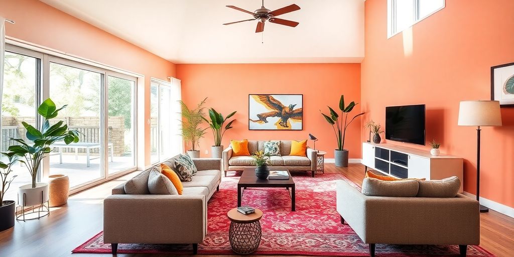 Brightly renovated living room with modern furniture and decor.