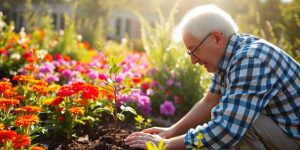 Elderly person planting a tree in a sunny garden.