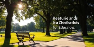 Peaceful retirement scene with trees and a bench.