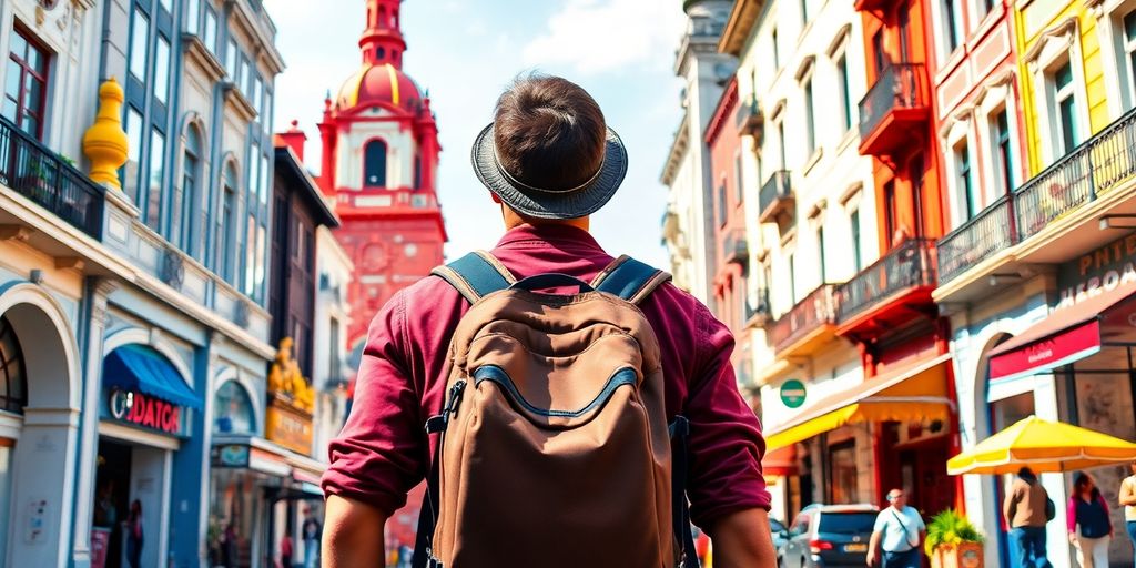 A traveler exploring vibrant city streets on a budget.