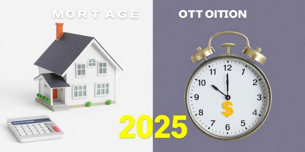 House, calculator, clock, and dollar sign on contrasting sides.