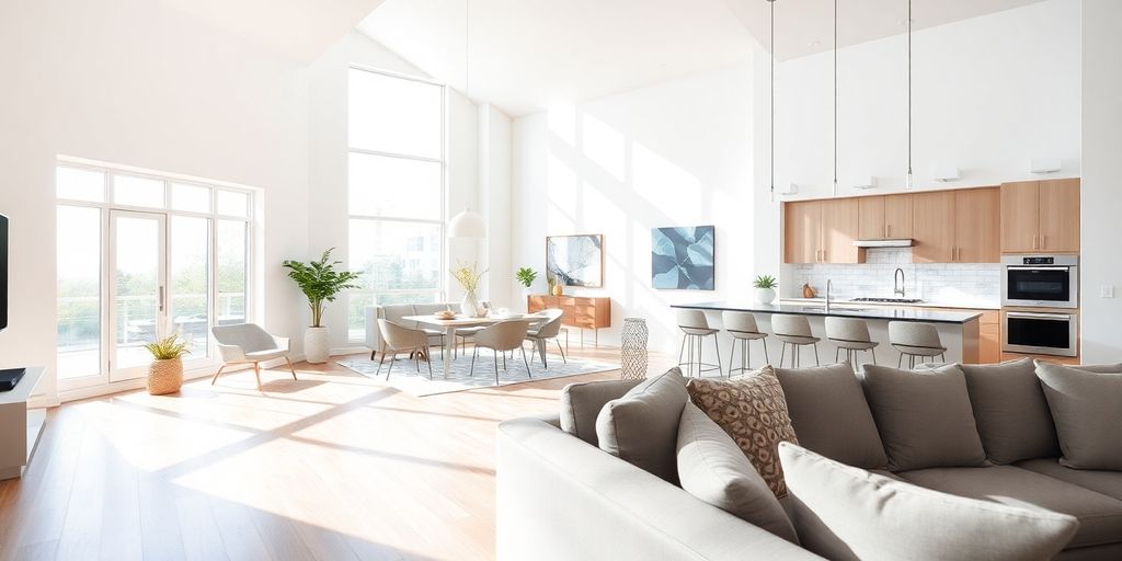 Bright, modern, renovated kitchen and living room.