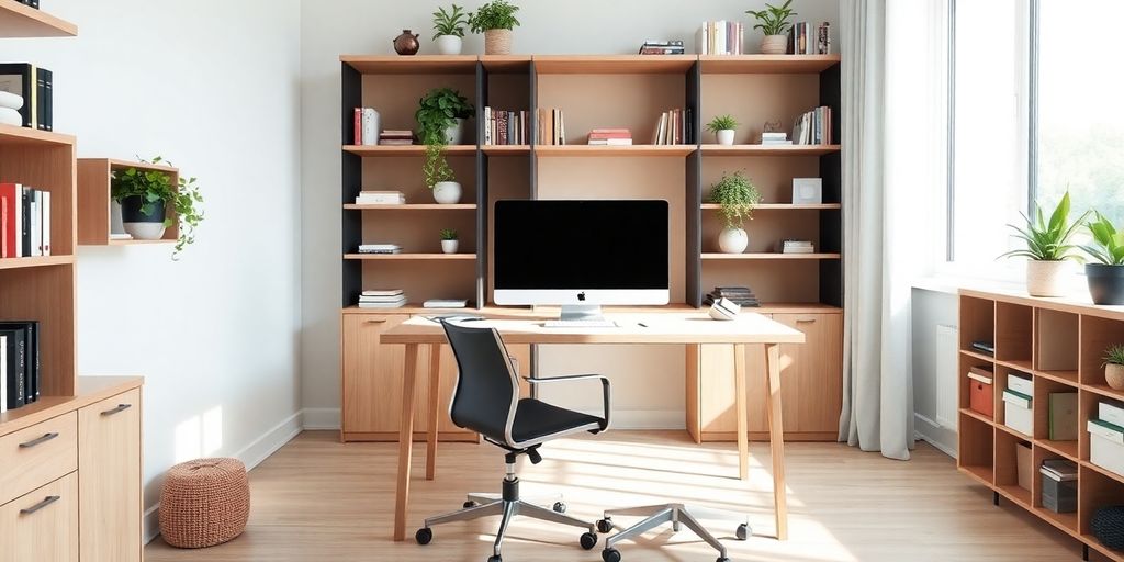 Modern home office with light wood desk, ergonomic chair.