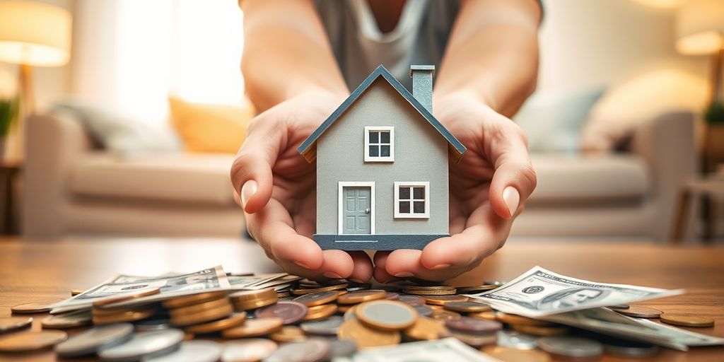 Hands holding house and money.