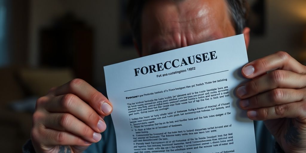 Distressed homeowner staring at foreclosure notice.