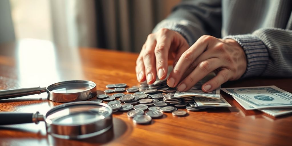 Elderly hands, money, magnifying glass.