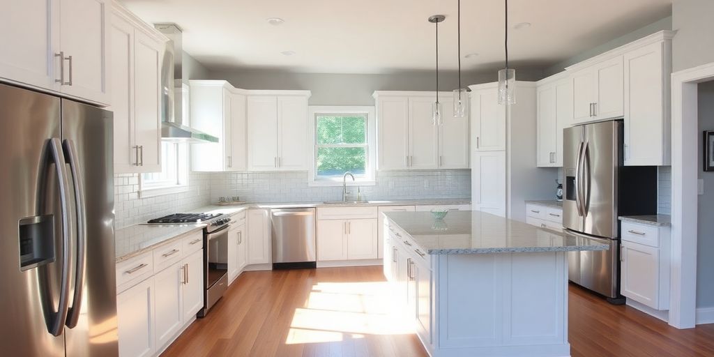 Modern kitchen renovation with island.