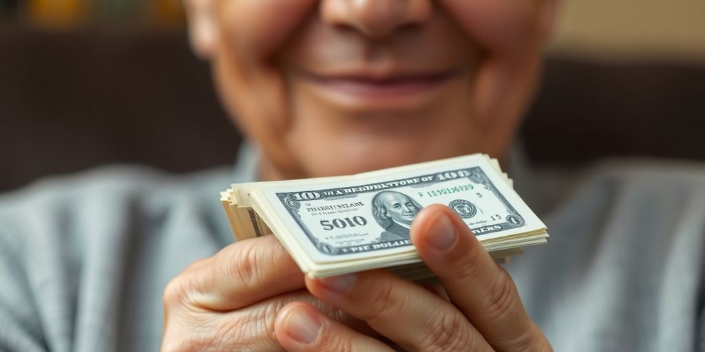 Elderly person holding money, smiling.