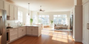 Modern renovated kitchen and living room interior.
