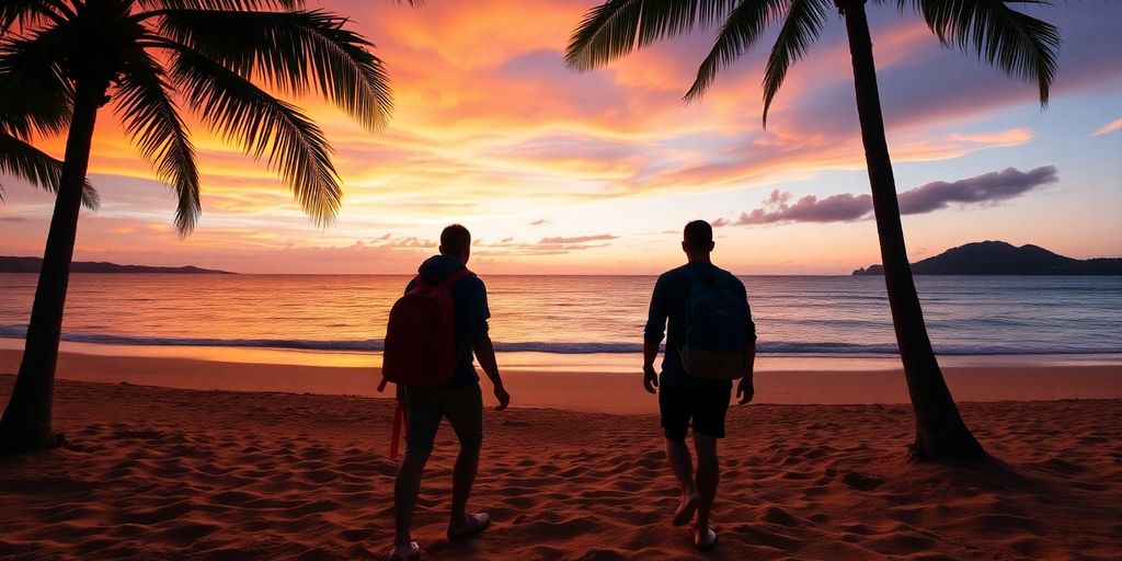 Backpackers on beach, sunset, calm ocean, palm trees.