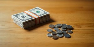 A few bills and coins on a table.