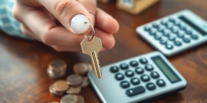 House key, coins, and a calculator.