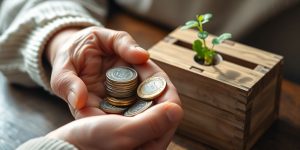 Elderly hands holding coins, small plant, wooden savings box.