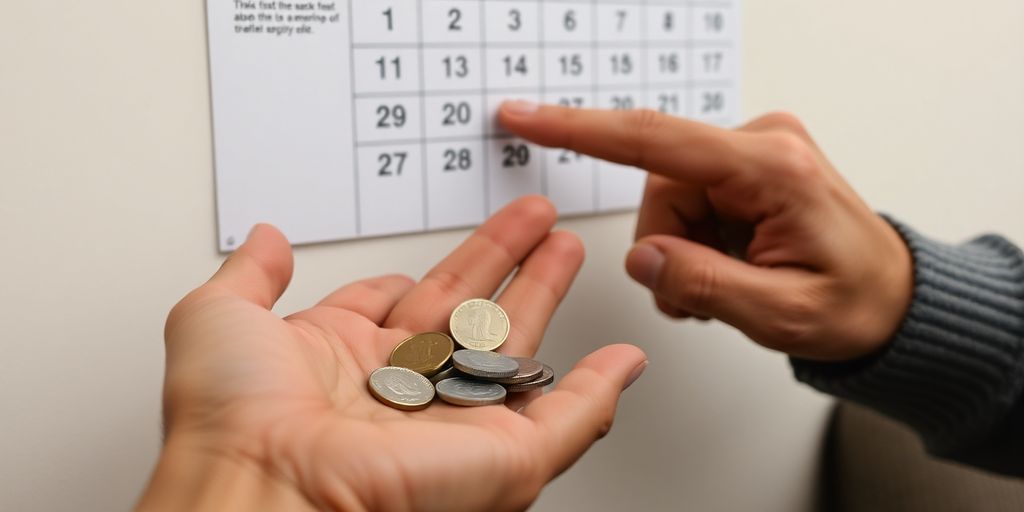Elderly person holding coins, looking at calendar.