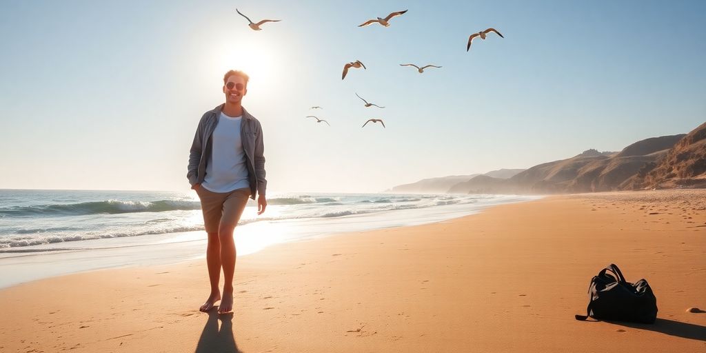 Teacher walking barefoot on beach at sunrise with travel bag