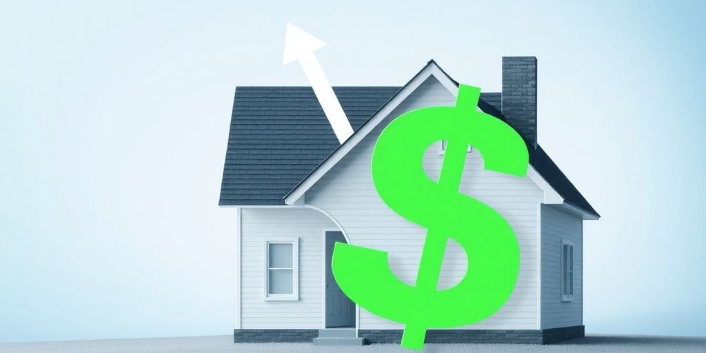 House with a rising arrow pointing to a dollar sign.