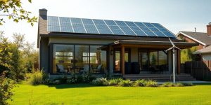 Solar panels on roof, green lawn, natural light
