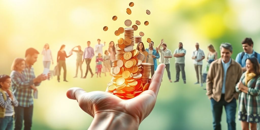 Coins cascading, a helping hand, and diverse people.