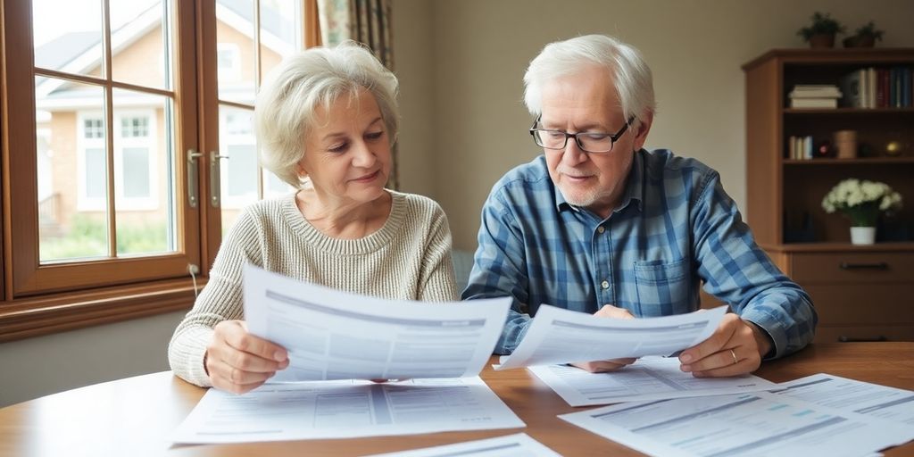 Elderly couple looking at financial documents with a house in background.