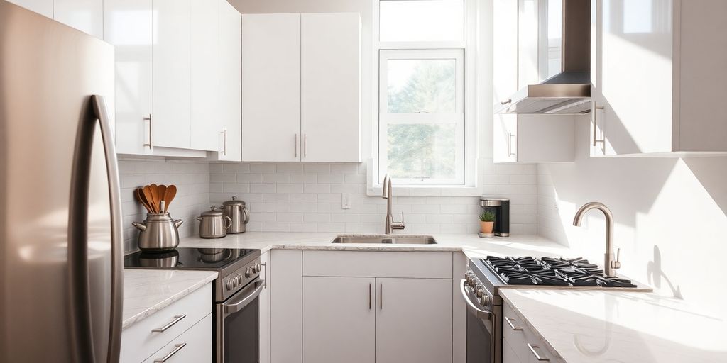 Modern small kitchen renovation with stylish cabinets and countertops.