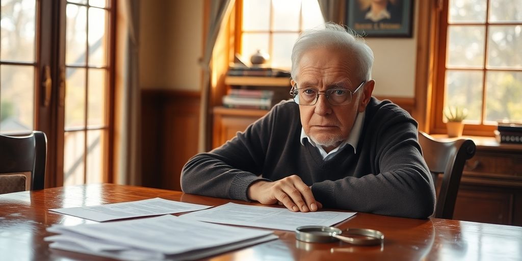 Elderly person reviewing financial documents.