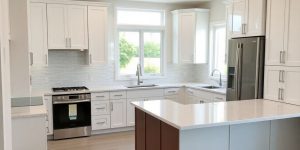 Modern kitchen with new cabinets and countertops.