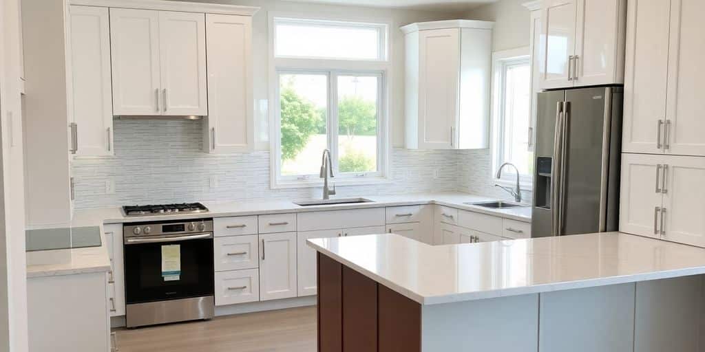 Modern kitchen with new cabinets and countertops.