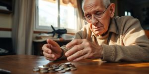 Elderly person counting coins, looking hopeful