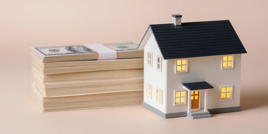 Stack of money, small house.