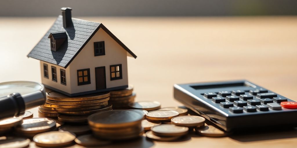 Home with coins, magnifying glass, calculator