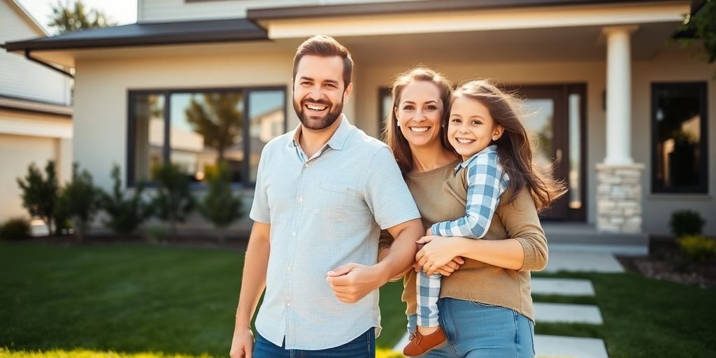 Happy family in front of new house.