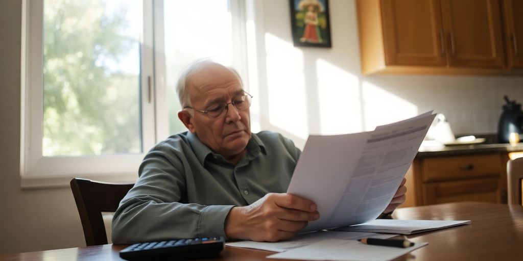 Elderly person reviewing financial documents at home.