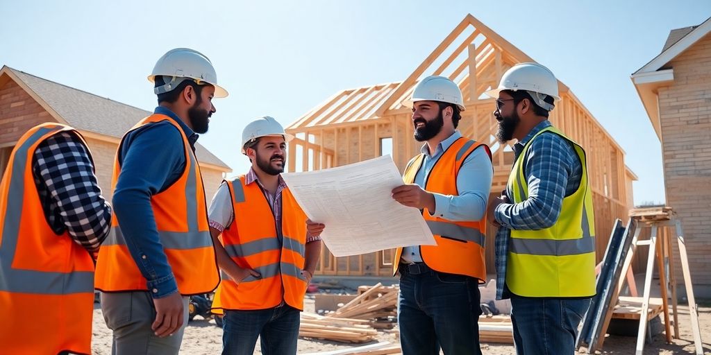 Four construction workers building a house.