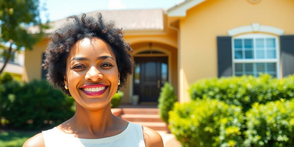 Happy homeowner standing outside, house in background
