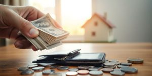 A calculator, coins, and tiny model house.