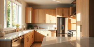 Modern kitchen with new cabinets and countertops.