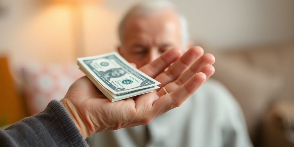 Elderly person holding money.