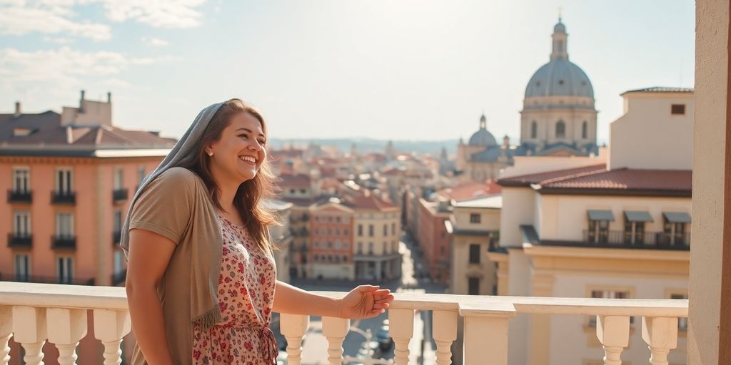A couple enjoying a foreign cityscape from a balcony.