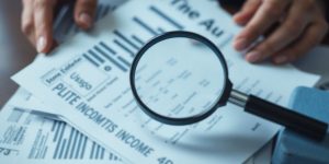 Person reviewing financial documents with a magnifying glass.
