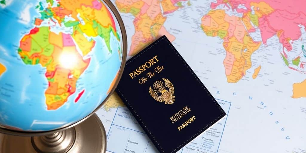 Globe with passport and map.