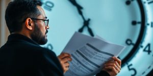 Person reviewing documents with a clock.