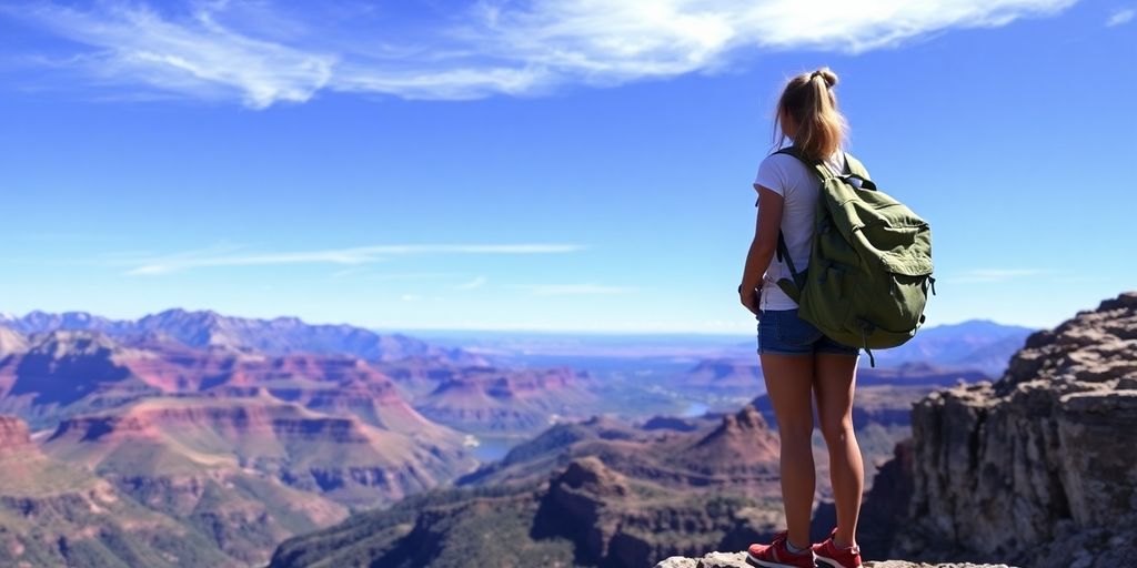 Woman with backpack looking at a vibrant landscape.