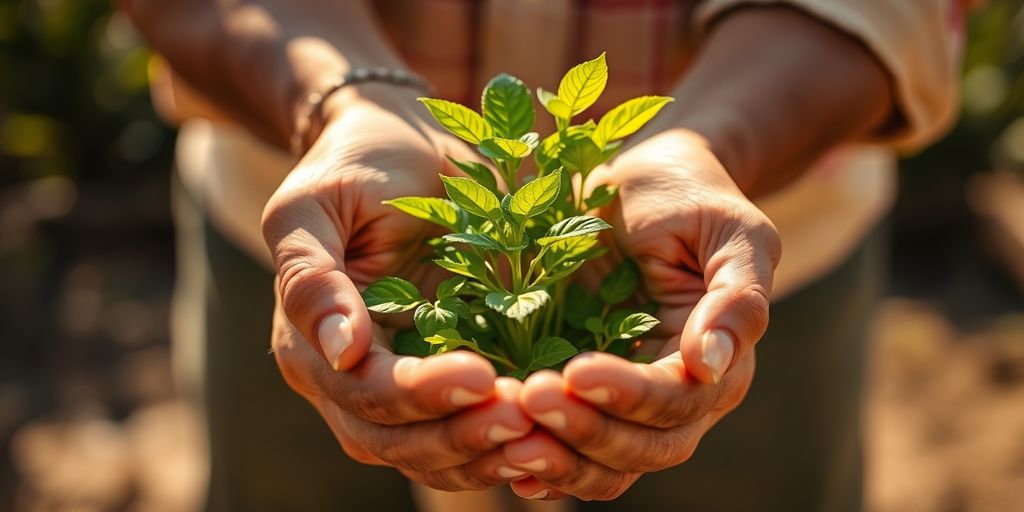 Hands passing a growing plant from one generation to another.