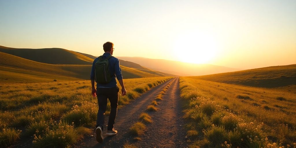 Educator walking towards a bright horizon.