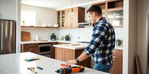 Home renovation with contractor inspecting kitchen.