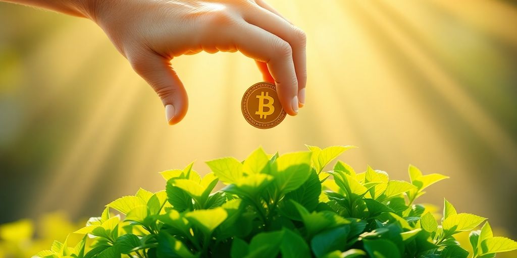Golden coins and growing green plants.