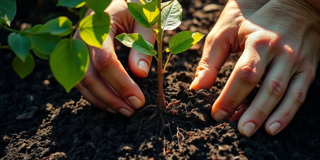 Elderly hands planting a sapling, symbolizing growth and future.